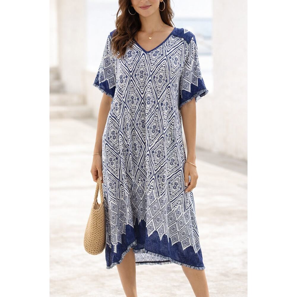 Lula Soul Short Sleeve Fringe Hem Kaftan Midi Printed Dress Blue Large